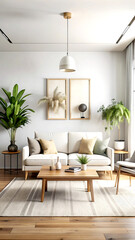 Home mockup, simple modern living room interior background, 3d render, white Mock up