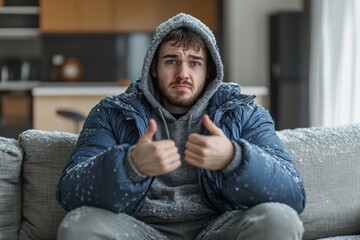 Fototapeta premium Young man in winter jacket giving thumbs up inside cozy apartment