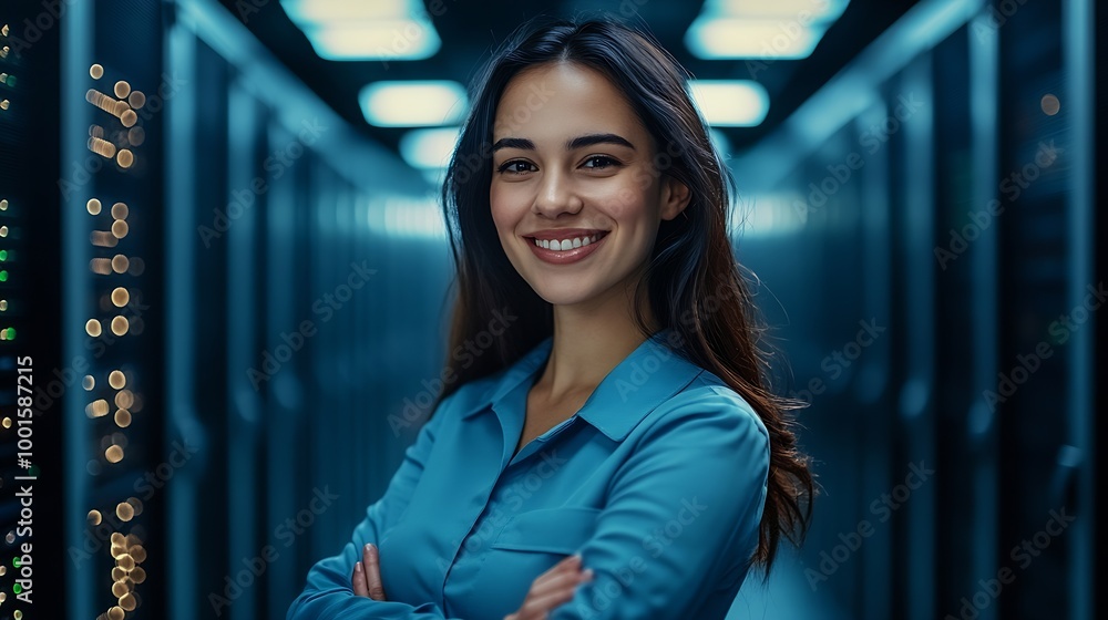 Leinwandbilder server room portrait or happy woman technician for online cybersecurity update or machine system it 