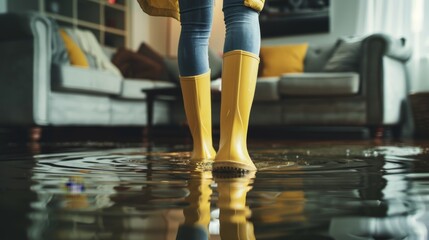 Flood and inundated concept image with person wearing yellow rubber boots wet by the water that flooded the room and the home