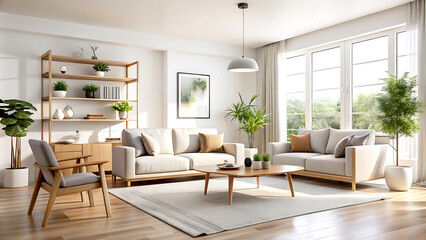 Naklejka premium Home mockup, simple modern living room interior background, 3d render, white Mock up