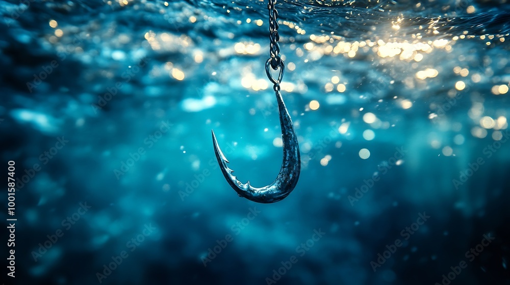 Poster login information attached to large hook under water with sunlight phishing concept : generative ai