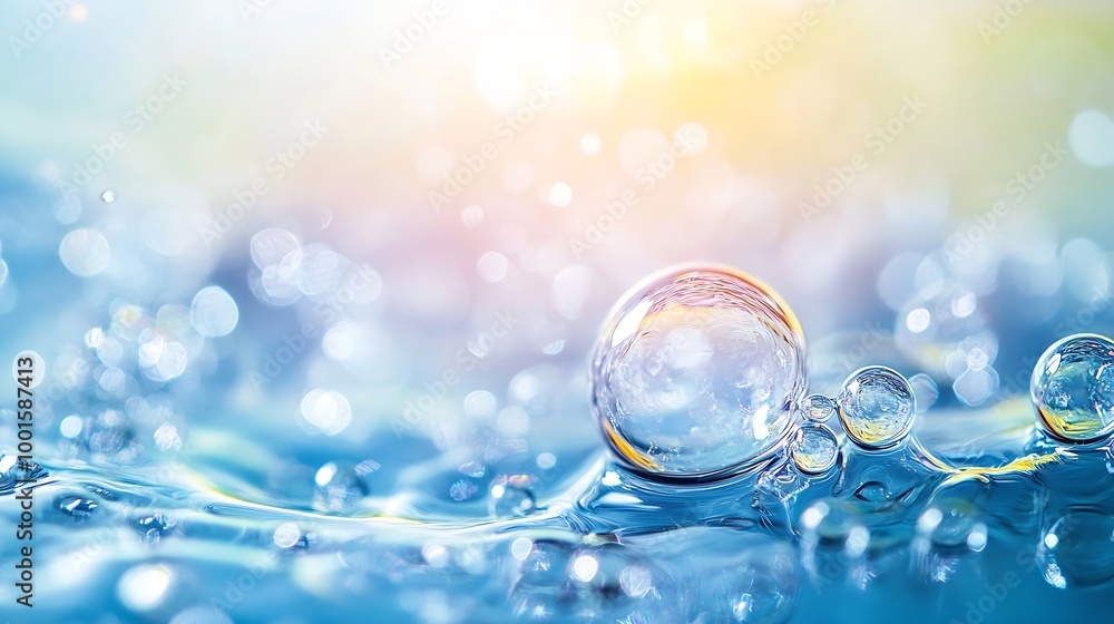 Poster oil bubbles close up a circles of water macro abstract light blue background : generative ai