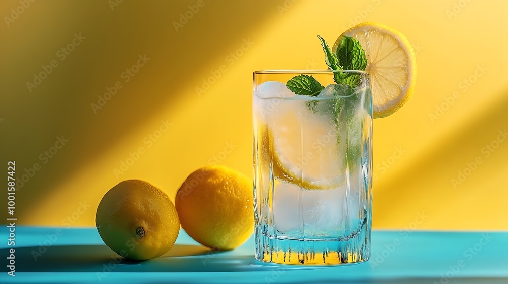 Poster A  cold lemonade in a glass with lemon mint and ice on a yellow and blue background with shadow The concept of a refreshing and healthy drink : Generative AI