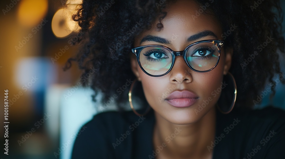 Poster office computer and black woman with glasses serious or reading email online research or report lapt