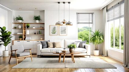 Fototapeta premium Home mockup, simple modern living room interior background, 3d render, white Mock up