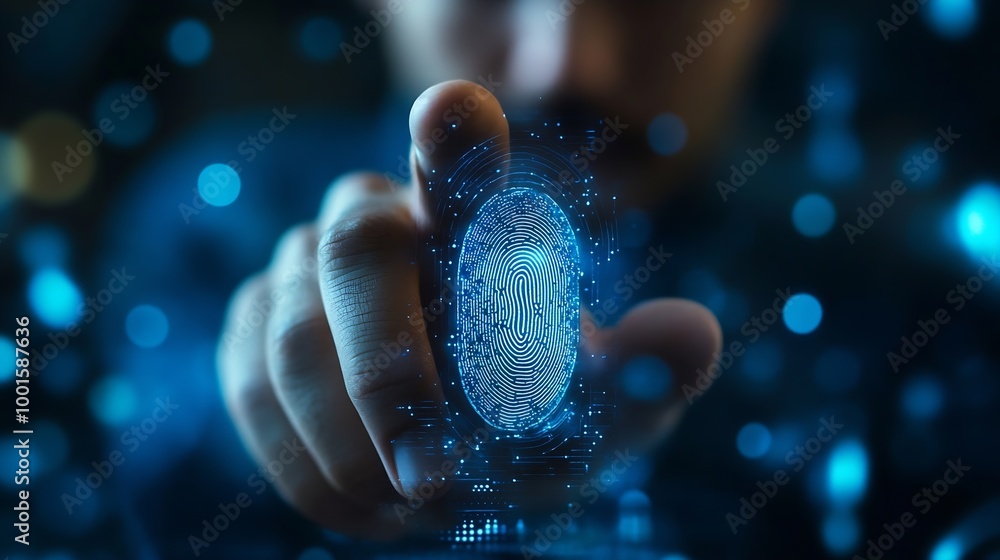 Poster Businessman using fingerprint smartphone business and financial data with virtual graphic data information diagram network connectionbiometrics security innovation technology against d : Generative AI