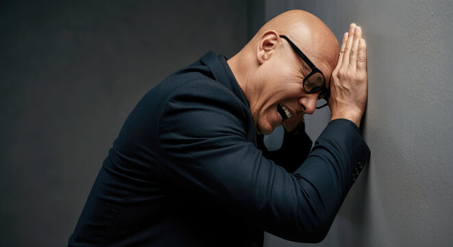 Frustrated bald businessman in suit banging head against wall in office.