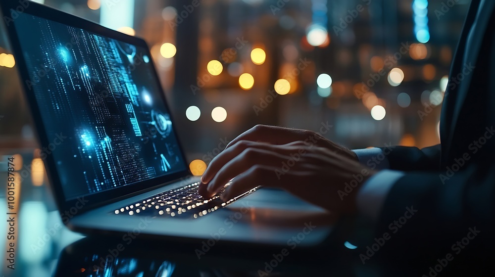 Poster Cyber security and data protection businessman using laptop Internet network security system protecting business and financial transaction data from cyberattacks secure data encryption : Generative AI