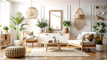 Fototapeta premium Home mockup, white room with natural wooden furniture, Scandi-Boho style, 3d render, white Mock up frame