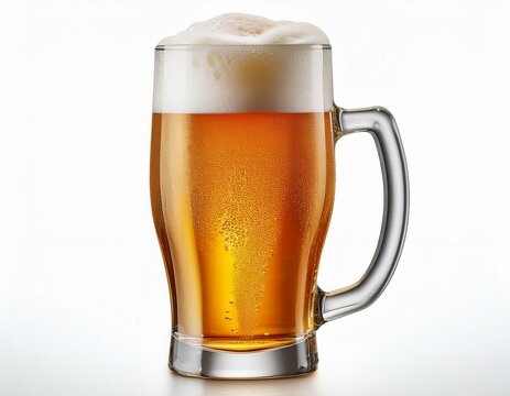 Una jarra de cristal con asa llena de refrescante cerveza rubia con espuma, aislada en fondo blanco