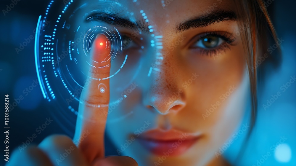 Aufkleber Studio press and woman with finger on choice with technology button or password access on app Hand biometric security system and vote selection decision or user experience on blue back : Generative AI