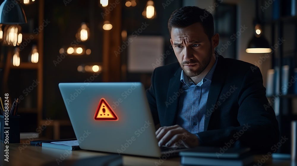 Poster businessman working on laptop computer at office with exclamation alarm caution warning notification
