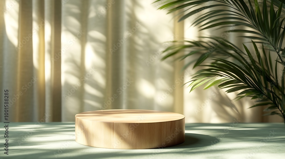 Aufkleber Wooden cylindrical podium pedestal on a green background with beige curtain and a shadow of palm leaves Scene for the presentation of a cosmetic product Empty showcase : Generative AI