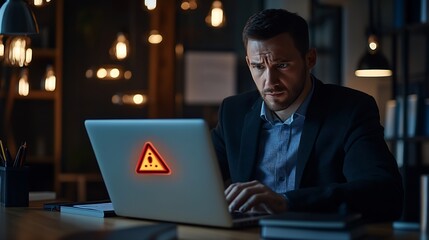 Businessman working on laptop computer at office with exclamation alarm caution warning notification mark sign computer virus detected personal data protection network security concept : Generative AI