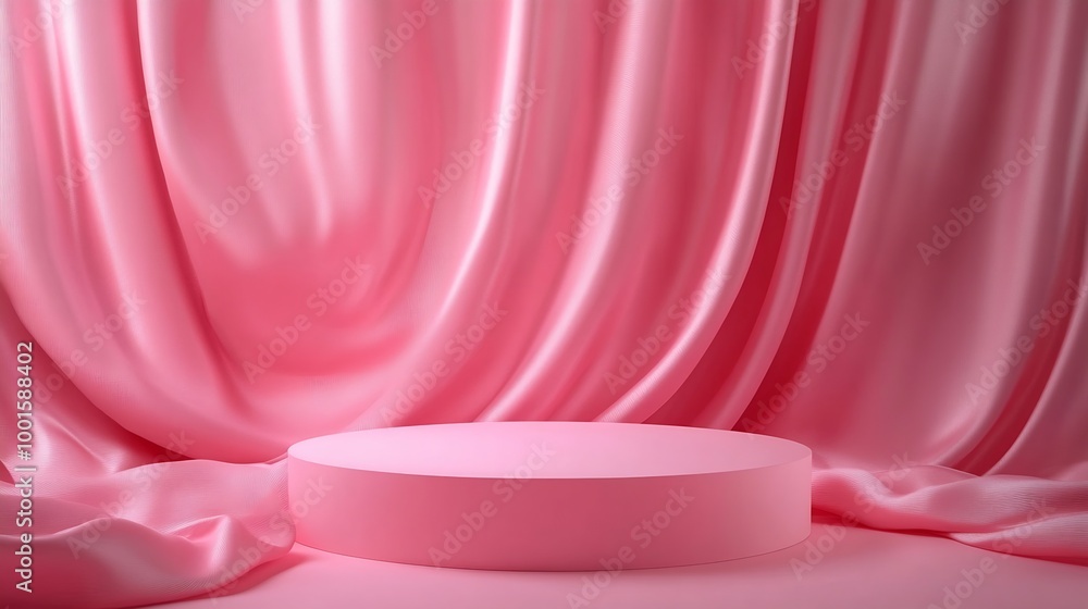 Poster geometric empty podium with textile fabric drape on pink background display for product cosmetic and