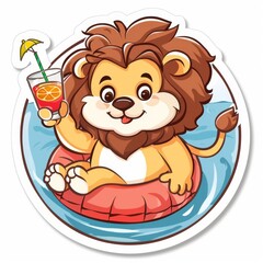 Fototapeta premium Cute lion Chill On Swimming Tires With Juice Cartoon Vector Icon Illustration