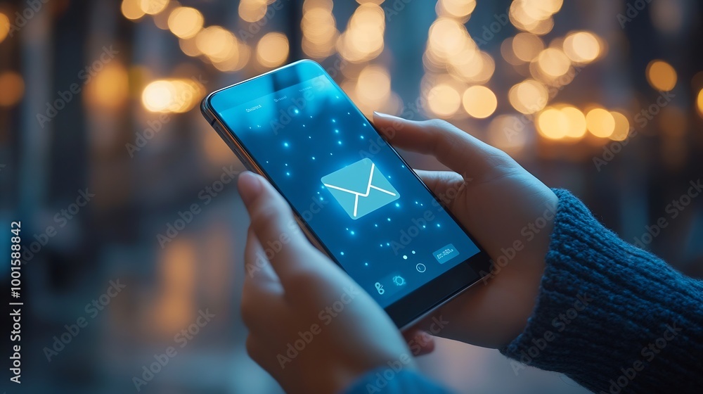 Poster Email app on smartphone screen with business person reading messages from inbox with wireless internet access on mobile phone communication technology : Generative AI