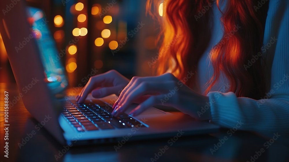 Poster close up image of woman hands typing on laptop computer keyboard and surfing the internet on office 