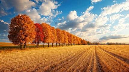 Fototapeta premium Scenic fall landscape with golden fields and a row of trees with vibrant leaves
