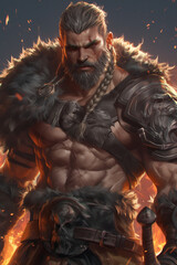 male barbarian in battle stance surrounded by fire and embers