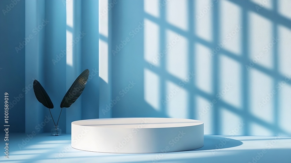 Aufkleber Abstract empty white podium with geometric shadows on blue background Mock up stand for product presentation 3D Render Minimal concept Advertising template : Generative AI