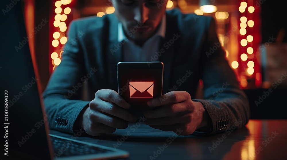 Aufkleber Business man using smartphone and computer that show warning sign after got attack phishing email by malware from hacker that commit cyber crime or software crash to cause an error : Generative AI