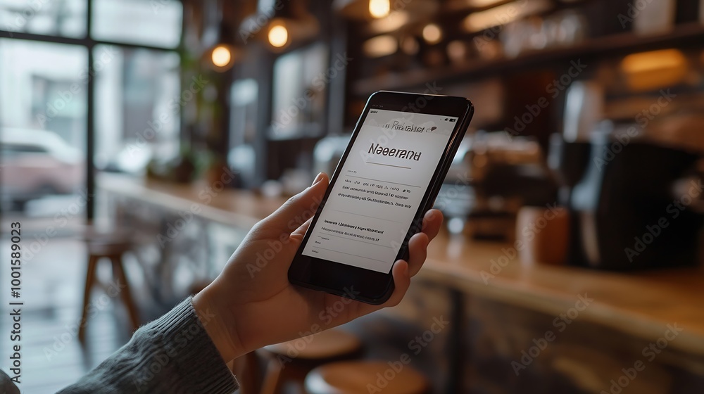 Aufkleber Hand holding smartphone with receive newsletter form screen on cafe background : Generative AI