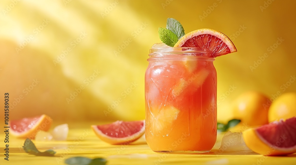Poster freshly squeezed blood orange juice with ice mint and a slice of fruit in a jar on a yellow backgrou