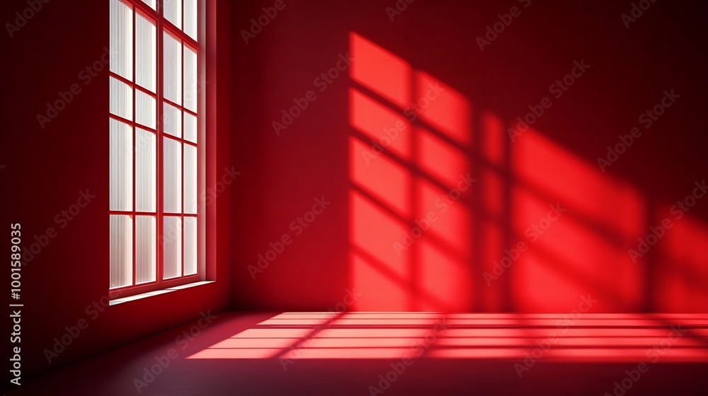 Poster abstract red studio background for product presentation backdrop with shadows of window for display 