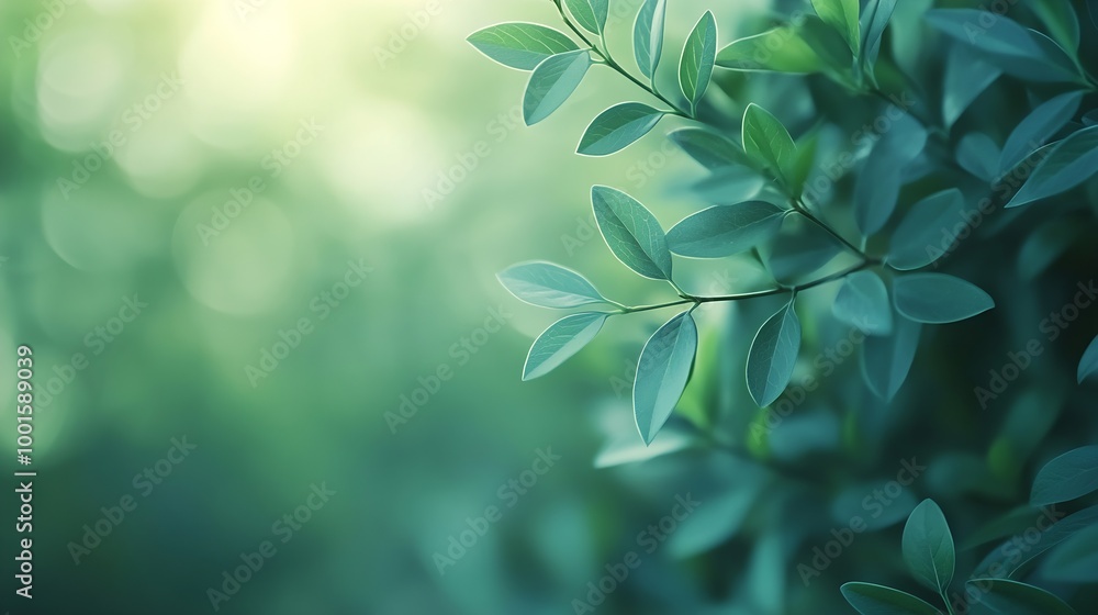Aufkleber Spring abstract floral background branches of a green ruscus plant closeup with blurring strong soft focus background : Generative AI