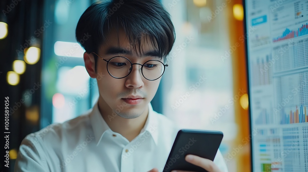 Poster business man looking at financial information from a mobile phone he is checking company financial d