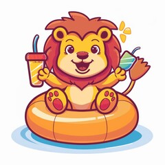 Obraz premium Cute lion Chill On Swimming Tires With Juice Cartoon Vector Icon Illustration