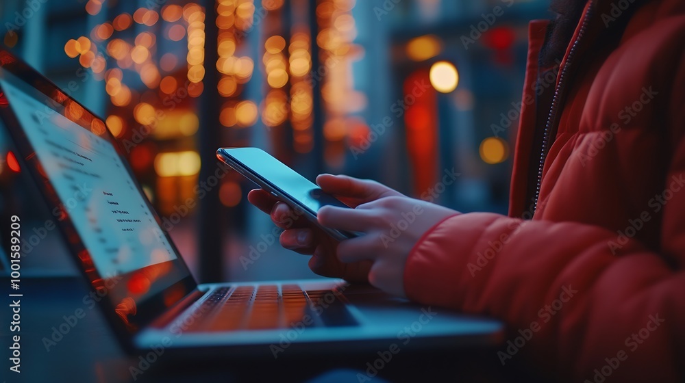 Poster business person reading emails on smartphone and laptop computer screen online communication and mar