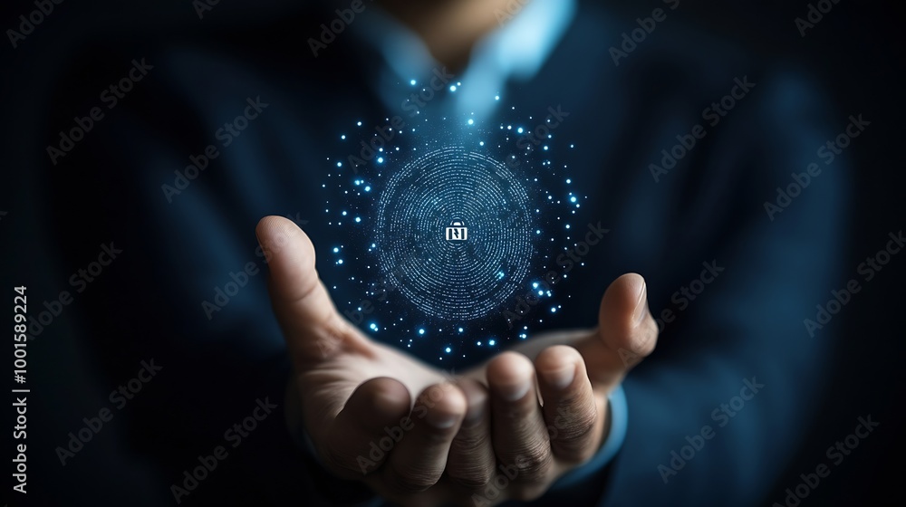Poster Know your customer KYC concept Biometrics security Businessman holding identity verification symbol for Increase financial security and access personal financial data : Generative AI