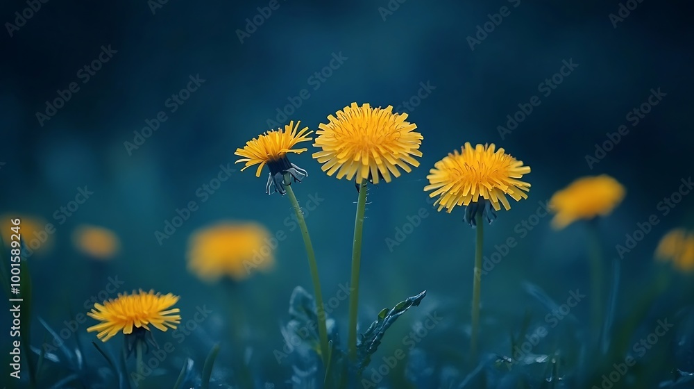 Poster floral summer spring background yellow dandelion flowers closeup in a field on nature on a dark blue