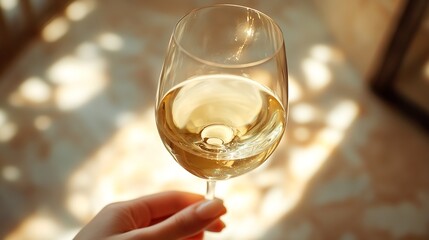 Obraz premium One wineglass with white wine sparkling at sunlight beige background with dark shadow and reflection sun flare light effect on table Alcohol drink with star filter top view neutral pas : Generative AI
