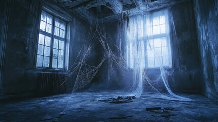 Spider webs hanging in the corners of a spooky, abandoned room