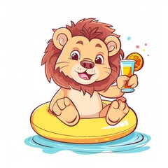 Fototapeta premium Cute lion Chill On Swimming Tires With Juice Cartoon Vector Icon Illustration