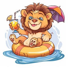 Naklejka premium Cute lion Chill On Swimming Tires With Juice Cartoon Vector Icon Illustration