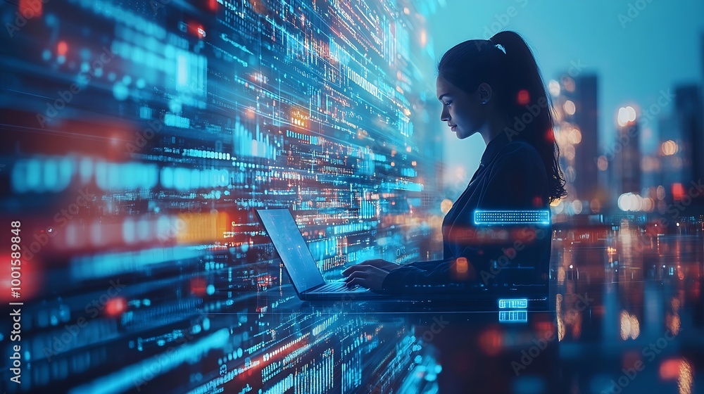 Aufkleber Image of data processing over diverse business people using laptop global business and digital interface concept digitally generated image : Generative AI