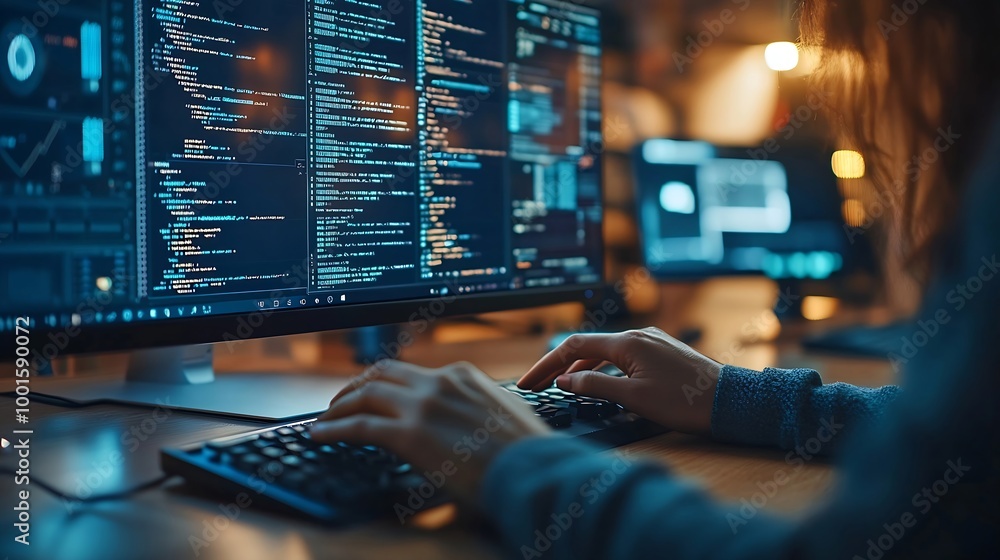 Poster Hands person and typing on keyboard for research information and data with system technology Woman screen and overlay with coding or software update and programming or upgrade on cyber : Generative AI