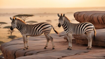 Naklejka premium This striking image captures zebras standing on a rugged rocky outcrop, surveying the vast savanna that stretches out below. 