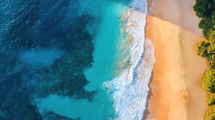 Top view of vibrant blue ocean with sunlit waves and a beautiful stretch of golden beach on a sunny day