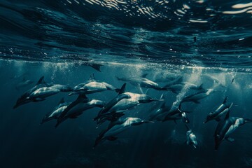 Obraz premium A joyful pod of dolphins leaping gracefully from the ocean s surface in a stunning seascape