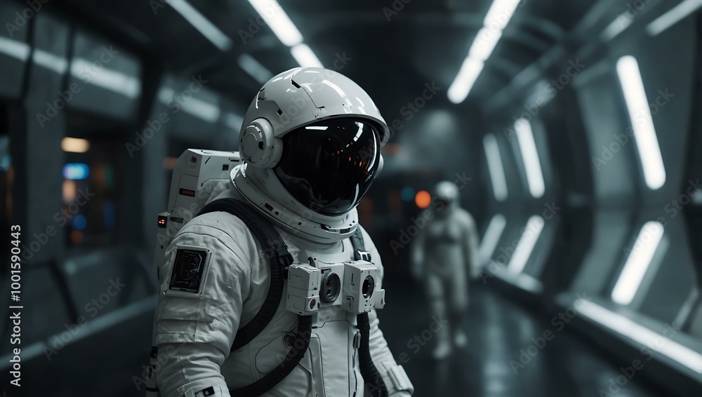 Poster futuristic astronaut in a white spacesuit within a sci-fi corridor.