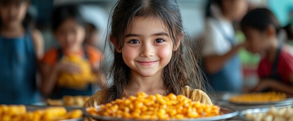 Young Girl Smiling with Food in Front of Her