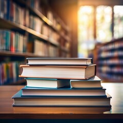 Stack of books in the library and blur bookshelf background