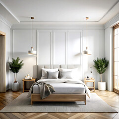 Home mockup, white cozy bedroom interior with double bed and white blank wall, 3d render