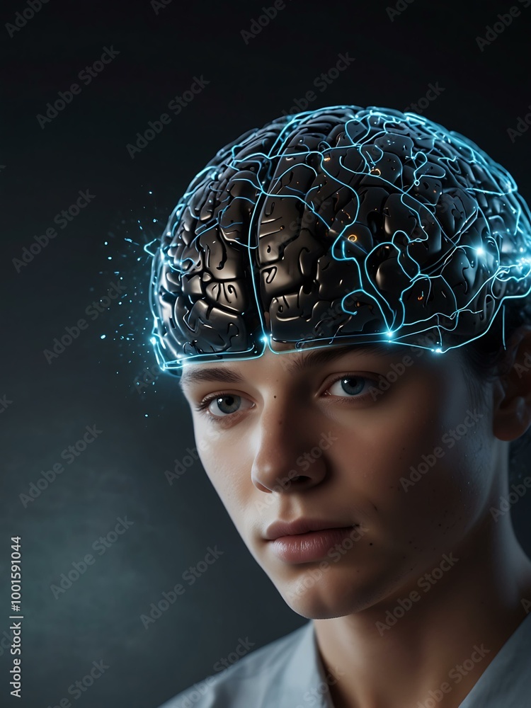 Poster futuristic visualization of ai with a glowing brain.